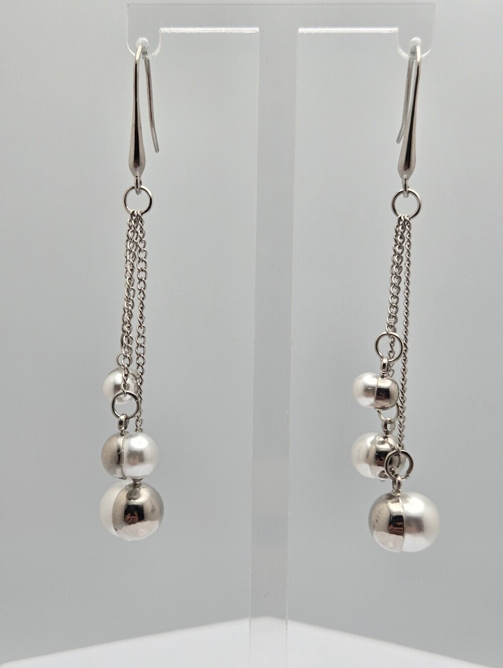 Triple Chain Faux Pearl Dangle Earrings Waterfall Drop French Hooks 3" Vintage - Picture 7 of 8